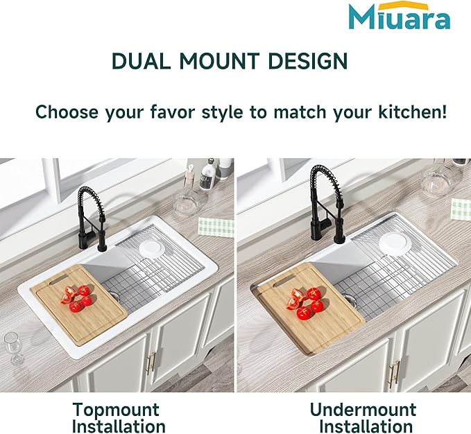 Miuara White Undermount Workstation Kitchen Sink 33 Inch - Large Topmount Fireclay Drop In Sink 33"x19"x10", Dual Mount Heavy Duty Deep Single Bowl, with 4 Custom Accessories, for Kitchen, Island