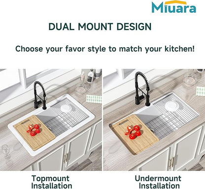 Miuara White Undermount Workstation Kitchen Sink 33 Inch - Large Topmount Fireclay Drop In Sink 33"x19"x10", Dual Mount Heavy Duty Deep Single Bowl, with 4 Custom Accessories, for Kitchen, Island