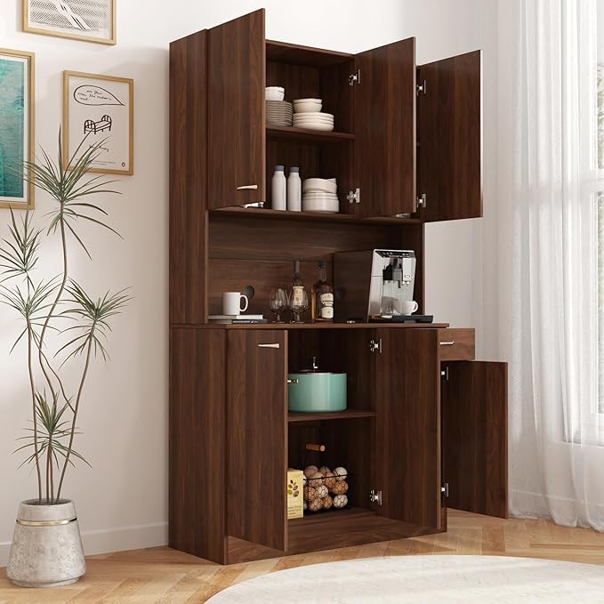 71" Kitchen Pantry Cabinets with Microwave Stand, 6 Doors & 3 Adjustable Shelves, Freestanding China Cabinet Hutch, Buffet Cabinet with Storage, WalnutV2