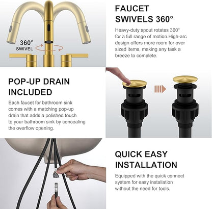 KENES Brushed Gold Centerset Bathroom Faucet with Pull Out Sprayer, 4 Inch 2 Handle Pull Down Bathroom Faucet 3 Hole, Bathroom Sink Faucet with Pop Up Drain & Supply Lines LJ-9069-4