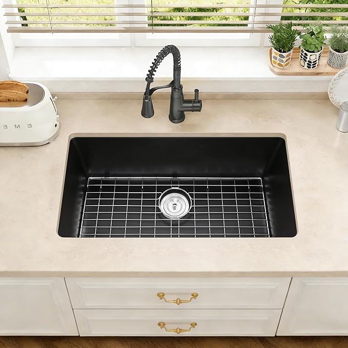 Kitsitchen 32 Inch Large Black Undermount Kitchen Sink, Black Granite Composite Kitchen Sink with A Stainless Steel Sink Drain Assembly & Sink Bottom Gird, 9" Depth Quartz Stone Kitchen Sink