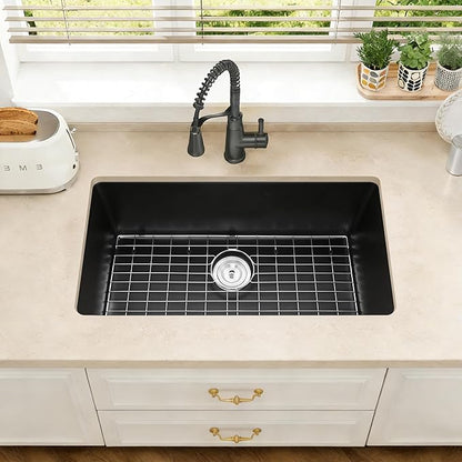 Kitsitchen 32 Inch Large Black Undermount Kitchen Sink, Black Granite Composite Kitchen Sink with A Stainless Steel Sink Drain Assembly & Sink Bottom Gird, 9" Depth Quartz Stone Kitchen Sink