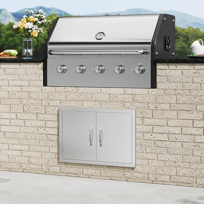 VEVOR BBQ Access Door, 28W x 19H Inch Double Outdoor Kitchen, Stainless Steel Flush Mount, Wall Vertical with Handles, for BBQ Island, Grilling Station, Outside Cabinet