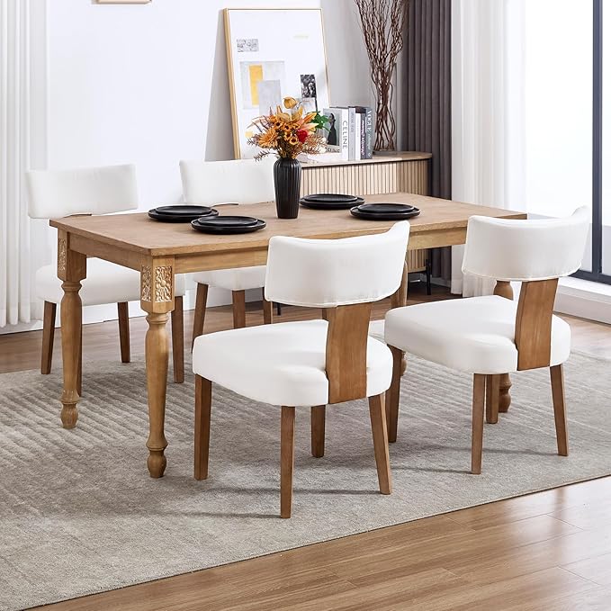Mid Century Modern Dining Chairs, Upholstered Linen Fabric Chairs with Curved Backrest and Wood Legs, Comfy Kitchen Vanity Chairs for Dining Room/Living Room/Kitchen, Set of 6 Cream