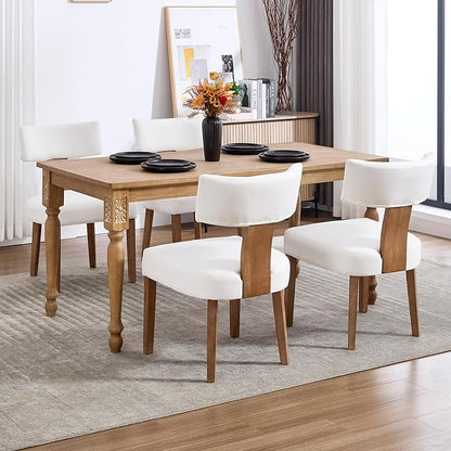 Mid Century Modern Dining Chairs, Upholstered Linen Fabric Chairs with Curved Backrest and Wood Legs, Comfy Kitchen Vanity Chairs for Dining Room/Living Room/Kitchen, Set of 6 Cream