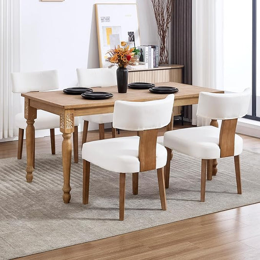 Mid Century Modern Dining Chairs, Upholstered Linen Fabric Chairs with Curved Backrest and Wood Legs, Comfy Kitchen Vanity Chair for Dining Room/Living Room/Kitchen, Set of 2 Cream