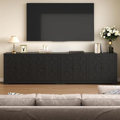 RoyalCraft Sideboard Buffet Cabinet with Storage, 56" Modern Sideboard with 4 Carved Doors and Adjustable Shelves, Large Wood Coffee Bar Console Table for Kitchen, Dining Room, Living Room, Black