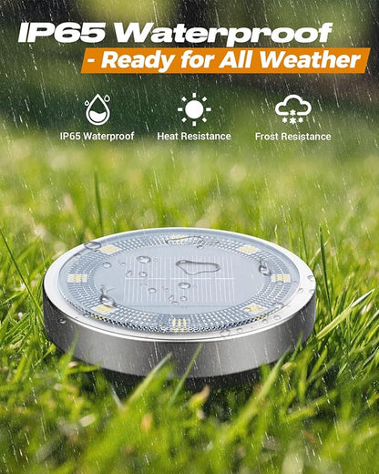 btfarm 24 Pack Solar Lights Outdoor, 8 LED Solar Ground Lights IP65 Waterproof Flat Solar Disc Light, Pathway Lights for Garden Lawn Patio Yard Path Landscape, Warm White