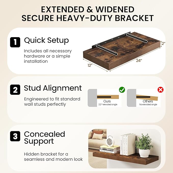 Fun Memories 72 Inch Floating Shelves, 12 Inch Deep Wall Shelf for Fireplace Mantel, Deep Storage Shelves for Home & Office, Long Floating Shelf with Invisible Bracket, Rustic Brown, Set of 2