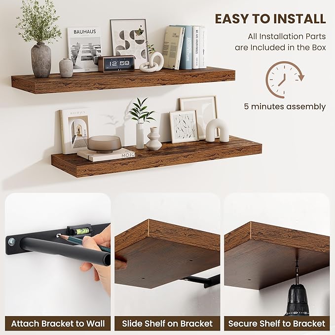 Fun Memories Floating Shelves for Wall, 32 Inch Long Floating Shelves Set of 2, 32 x 10 Wooden Shelves for Wall, Large Storage Shelves, Hanging Shelves for Bathroom Kitchen Bedroom, Rustic Brown