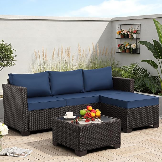 Patio Furniture Set 3 Pieces Outdoor Sectional Sofa Set Wicker Patio Furniture Outdoor Couch Outdoor Ottoman Coffee Table with Storage All-Weather Anti-Slip Cushions Waterproof Covers, Navy Blue