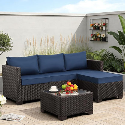 Patio Furniture Set 3 Pieces Outdoor Sectional Sofa Set Wicker Patio Furniture Outdoor Couch Outdoor Ottoman Coffee Table with Storage All-Weather Anti-Slip Cushions Waterproof Covers, Navy Blue