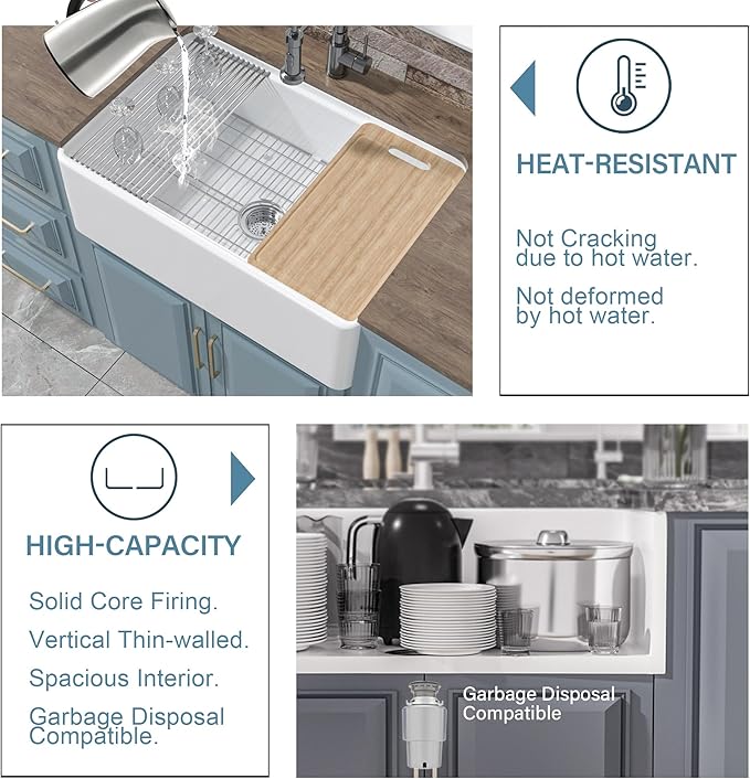White Farmhouse Workstation Sink 30 x 20 Inch, Firecaly Apron Front Undermount Farm Kitchen Sink, Heavy Duty Deep Single Bowl, Reversible (Sleek & Fluted Optional), Pure White, for Kitchen