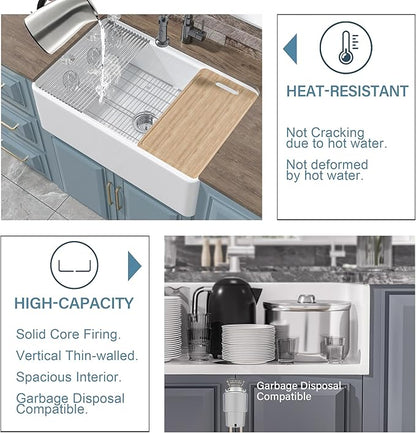White Farmhouse Workstation Sink 30 x 20 Inch, Firecaly Apron Front Undermount Farm Kitchen Sink, Heavy Duty Deep Single Bowl, Reversible (Sleek & Fluted Optional), Pure White, for Kitchen