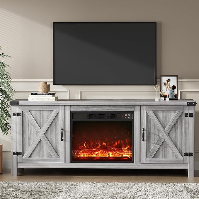 YESHOMY Fireplace TV Stand with Two Barn Doors and Storage Cabinets for Televisions up to 65+ Inch, Entertainment Center Console Table, Media Furniture for Living Room, 58 Inch, Gray