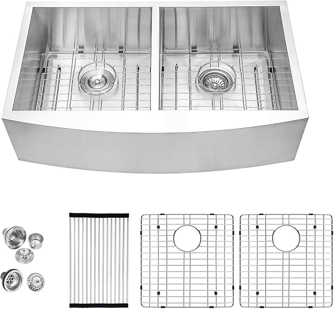Logmey 36 In Farmhouse Apron Front Sink,50/50 Double Bowl 16 Gauge Stainless Steel,36x20x9 Sink for Farmhouse/Rustic Home,Perfect for Food Prep & Dish Washing