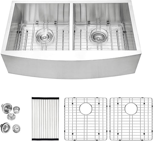 Logmey 36 In Farmhouse Apron Front Sink,50/50 Double Bowl 16 Gauge Stainless Steel,36x20x9 Sink for Farmhouse/Rustic Home,Perfect for Food Prep & Dish Washing