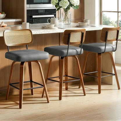 Swivel Bar Stools Set of 2, 26" Upholstered Counter Height Bar Stools with Rattan Back and Bent Walnut Wood Legs, Faux Leather Modern Barstools for Kitchen Island,Rattan Gray