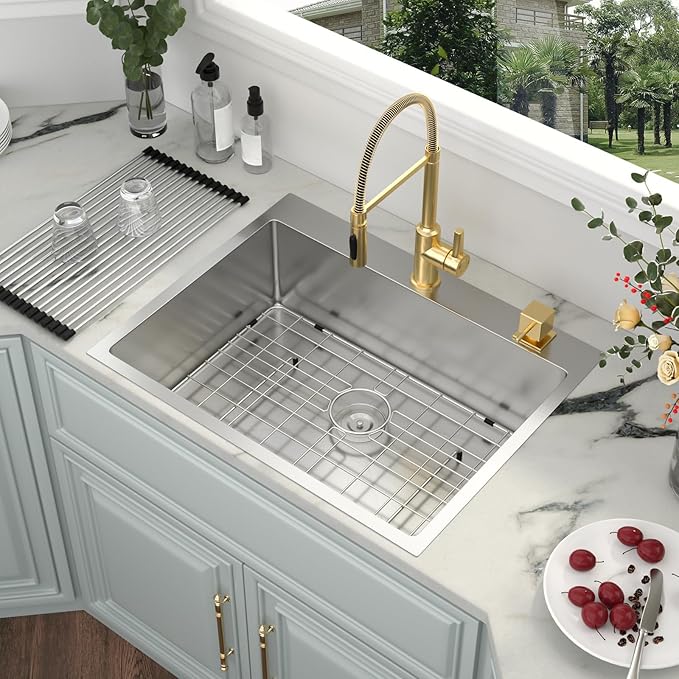 Kichae 28 Drop in Kitchen Sink - 28x22 Inch Kitchen Sink Drop in 16 Gauge Stainless Steel Single Bowl Handmade Topmount Basin with Drain Strainer