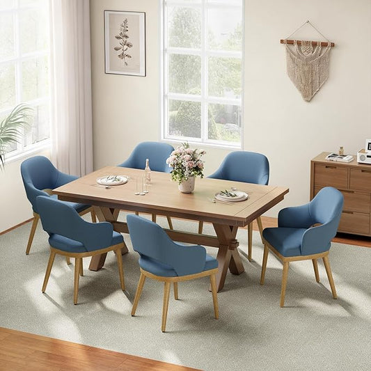 MALOL Wooden Dining Chairs Set of 6, Modern Fabric Upholstered Dining Room Chair, Kitchen Side Chairs, Farmhouse Dinner Chair with Open Back for Kitchen, Blue