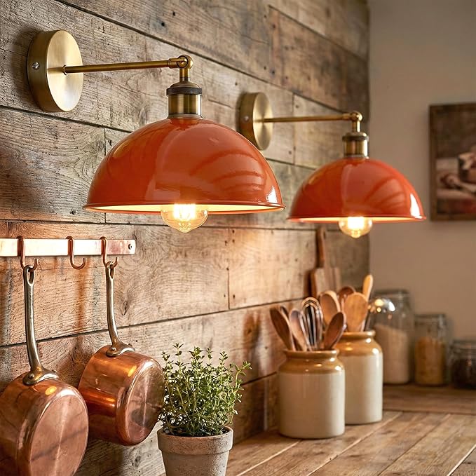 Dome Metal Wall Sconce, 180° Adjustable Industrial Wall Lamp for Bedside, Study, Kitchen, and Living Room Decor. (Orange.)