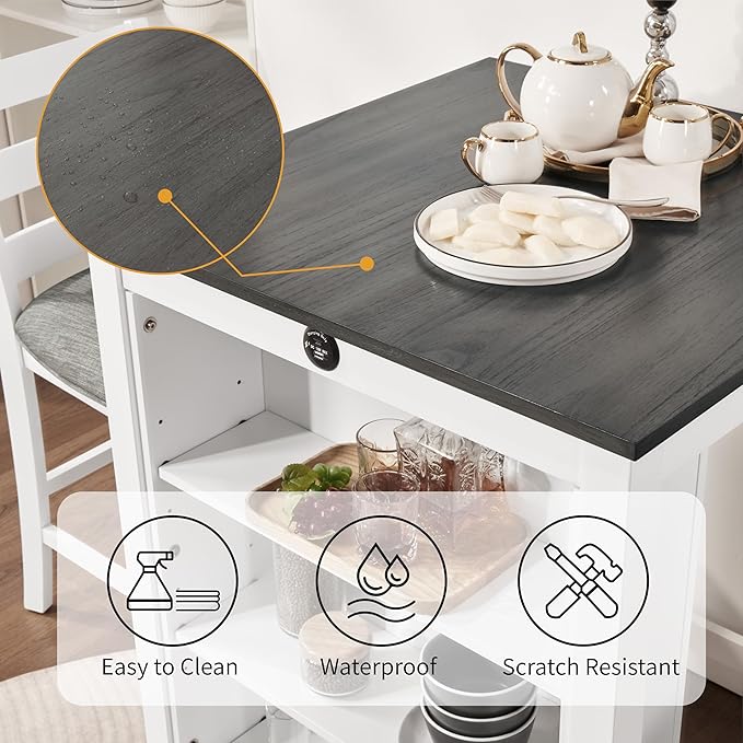 Bar Table Set with Charging Station & 3-Tier Storage, Space-Saving Dining Table Set for 2 with Upholstered Chairs, Small Kitchen Island for Apartment (36 Inch+Off White)