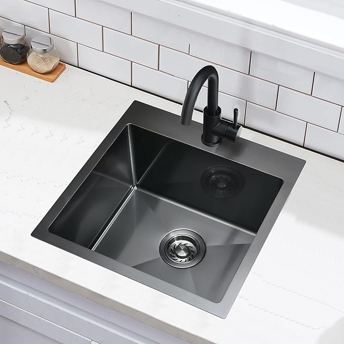 VCCUCINE 18x18 Inch Gunmetal Black Bar Sink Drop in,18 Inch Topmount RV Small Kitchen Sink, Handmade Stainless Steel Wet Bar Sink, Outdoor Single Bowl Prep Sink with Drain