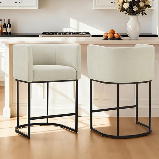 24" Counter Height Bar Stools Set of 2, Modern Barrel Counter Stools with Backrest and Arms, Fabric Upholstered Accent Barstools with Metal Legs for Kitchen Island,Sand