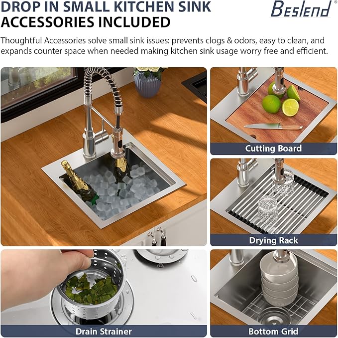 15 Outdoor Kitchen Sink - Beslend 15x15 Outdoor Sink Bar Sink RV Sinks Drop In, Topmount Stainless Steel Kitchen Sinks Wet Bar Sinks Workstation 16 Gauge Single Bowl Above Counter Indoor Outdoor
