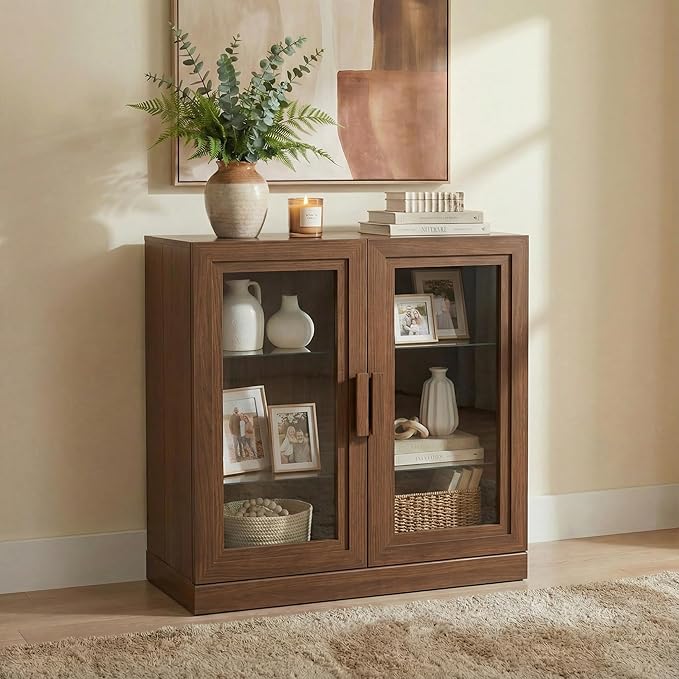 Casaphoria Adam Sideboard Buffet Cabinet with Storage, Display Cabinet with Glass Doors & Adjustable Shelves, 31" W x 36" H Buffet Cabinet for Entryway Kitchen Living Room, Walnut