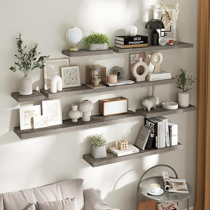 16 Inch Floating Shelves for Wall Set of 2, 8"D Wood Grain Bathroom Shelves with Invisible Brackets, Easy Install Engineered Wood Storage Shelves for Kitchen, Living Room, Bedroom, Grey Oak Finish