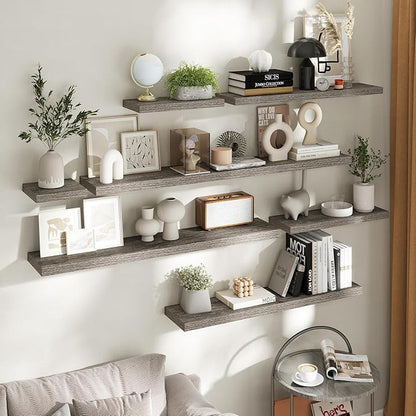 30 Inch Floating Shelves for Wall Set of 2, 8"D Wood Grain Bathroom Shelves with Invisible Brackets, Easy Install Engineered Wood Storage Shelves for Kitchen, Living Room, Bedroom, Grey Oak Finish