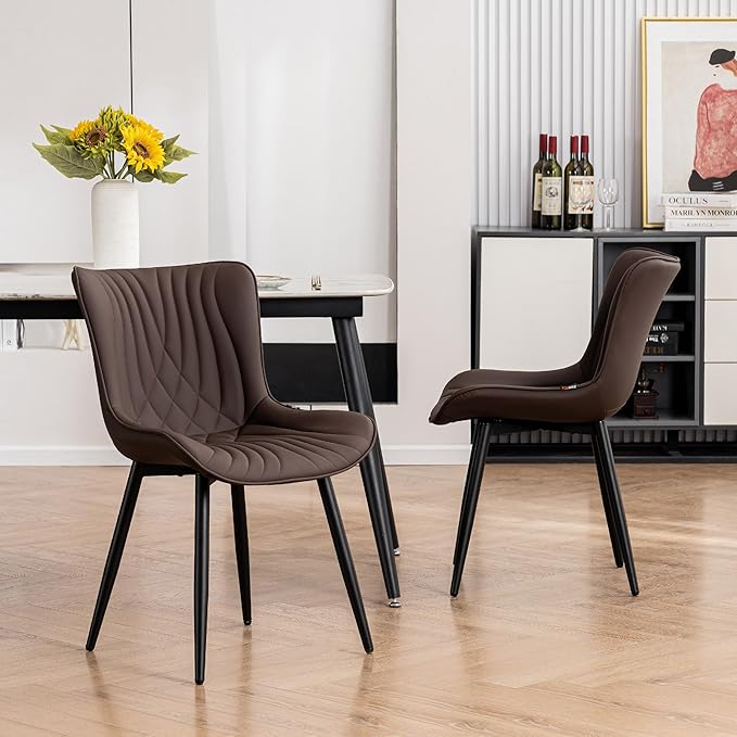 Kidol & Shellder Dining Chairs Set of 2, Mid Century Modern Kitchen Chairs with Black Metel Legs, PU Leather Upholstered Side Chair for Dining Room, Living Room, Lounge, Restaurant, Brown