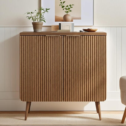 Natural Wood 29.5" Modern Fluted Sideboard – 2-Door Buffet Cabinet with Adjustable Shelves, Multi-Space Storage Credenza for Living Room, Dining Room & Entryway