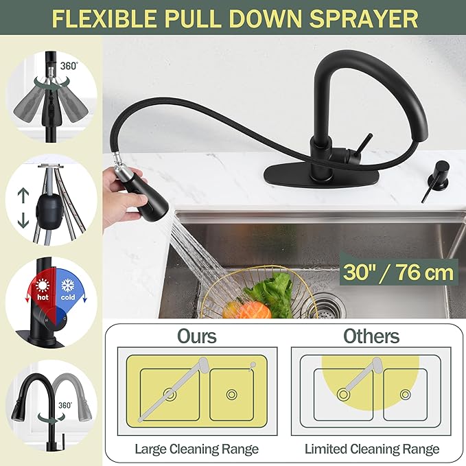 Herogo Black Kitchen Sink Faucet Set with Pull Down Sprayer and Soap Dispenser, Stainless Steel Rv Outdoor Kitchen Faucet for 1-3 Hole with Pop Up Drain, Deck Plate and Supply Hose