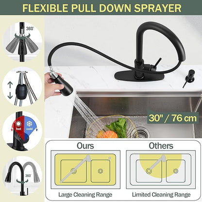 Herogo Black Kitchen Sink Faucet Set with Pull Down Sprayer and Soap Dispenser, Stainless Steel Rv Outdoor Kitchen Faucet for 1-3 Hole with Pop Up Drain, Deck Plate and Supply Hose