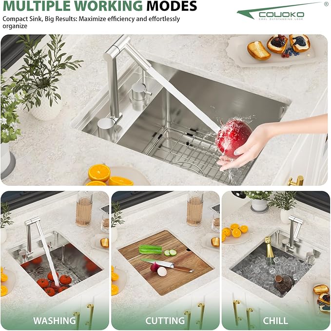 15x18 Inch Outdoor Sink Undermount RV Sink Workstation 16 Gauge Stainless Steel Single Bowl Handmade Concealed Outdoor Kitchen Sinks With Folding Faucet 15"x18"x9"