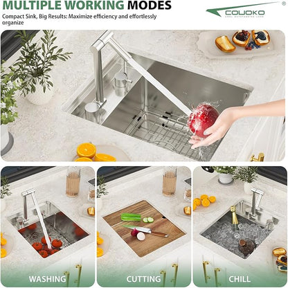 15x18 Inch Outdoor Sink Undermount RV Sink Workstation 16 Gauge Stainless Steel Single Bowl Handmade Concealed Outdoor Kitchen Sinks With Folding Faucet 15"x18"x9"