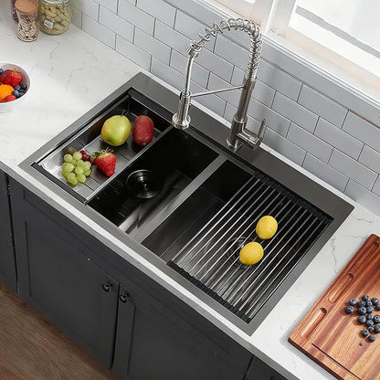Comllen 33''× 22''× 10'' Kitchen Sink 16-gauge 304 stainless Gunmetal Black, Stainless Steel Drop in Double Basin Kitchen Sinks with Accessories