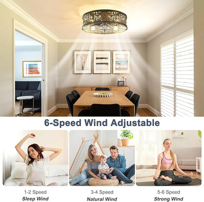 Garwarm 20" Caged Ceiling Fans with Lights,Vintage Victorian Rustic Crystal Fandelier,Low Profile Flush Mount Enclosed Bladeless Ceiling Fan with Light and Remote for Bedroom,Kitchen,Dining Room
