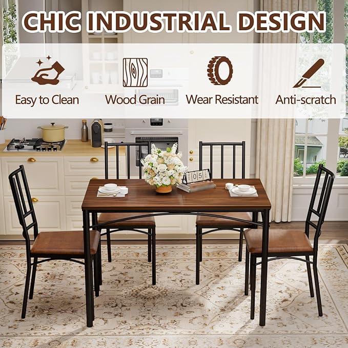 5 Piece Dining Table Set for 4, Farmhouse Kitchen Table and PU Chairs, Small Space Compact Dinette, Wood Top & Metal Frame, Breakfast Nook Set for Apartment Dining Room (Walnut+Black)