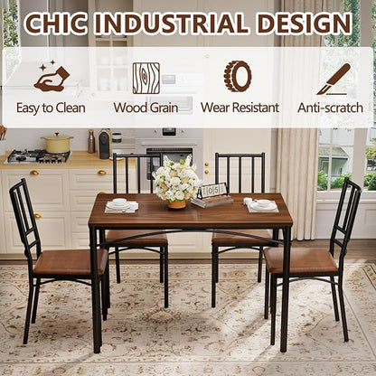 5 Piece Dining Table Set for 4, Farmhouse Kitchen Table and PU Chairs, Small Space Compact Dinette, Wood Top & Metal Frame, Breakfast Nook Set for Apartment Dining Room (Walnut+Black)