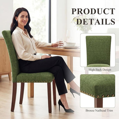 COLAMY Upholstered Parsons Dining Chairs Set of 2, Fabric Dining Room Kitchen Side Chair with Nailhead Trim and Wood Legs - Green