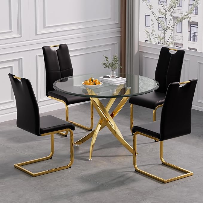 Modern Glass Dining Table Round Dining Room Table with Tempered Glass Top, Gold Stainless Steel Base Home Office Kitchen Dining Room Table Furniture, 36" D x 36" W x 30" H