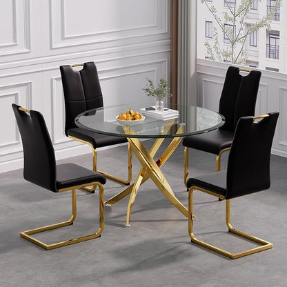 Modern Glass Dining Table Round Dining Room Table with Tempered Glass Top, Gold Stainless Steel Base Home Office Kitchen Dining Room Table Furniture, 36" D x 36" W x 30" H