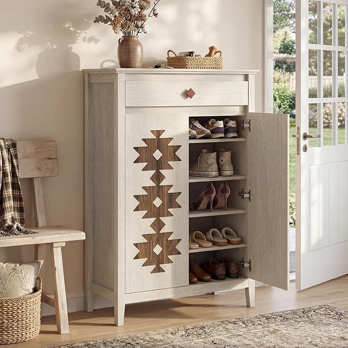 5-Tier Shoe Cabinet with Drawers, Wooden Shoe Storage Cabinet with Adjustable Shelves,Simple Tribal Style Freestanding Walnut Shoe Cabinet Suitable for Entrance,Corridor,Cloakroom,White