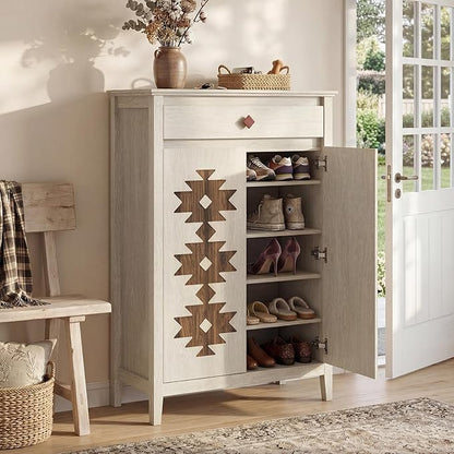 5-Tier Shoe Cabinet with Drawers, Wooden Shoe Storage Cabinet with Adjustable Shelves,Simple Tribal Style Freestanding Walnut Shoe Cabinet Suitable for Entrance,Corridor,Cloakroom,White