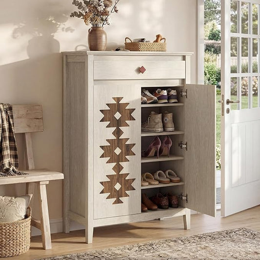 5-Tier Shoe Cabinet with Drawers, Wooden Shoe Storage Cabinet with Adjustable Shelves,Simple Tribal Style Freestanding Walnut Shoe Cabinet Suitable for Entrance,Corridor,Cloakroom,White
