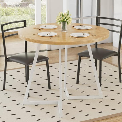 VECELO Round Dining Table Set for 4, Wood Tabletop & Heavy-Duty Steel Frame, 8-Piece Dinette with Chairs for Kitchen, Breakfast Nook, Natural & White