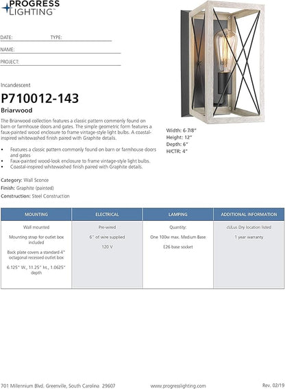 Progress Lighting P710012-143 Briarwood Graphite One-Light Wall Sconce, , Black